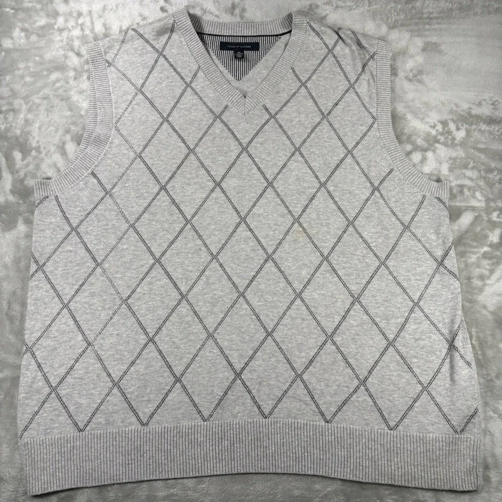 Tommy Hilfiger Mens XXL Gray Argyle V-Neck Cotton Knit Sweater Vest Sleeveless